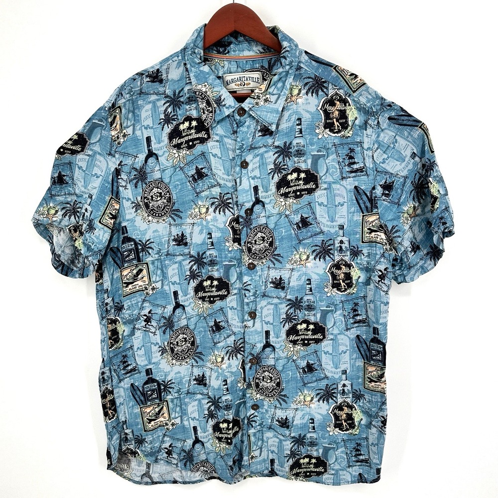 Margaritaville Mens Hawaiian Shirt Blue Short Sleeve Island Life Size XL Beach